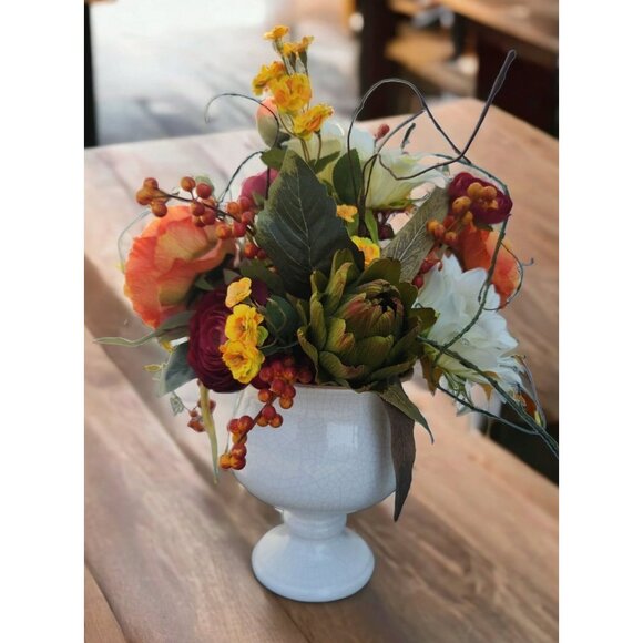 Autumn Artificial Floral Centerpiece With Sunflowers & Ranunculus Arrangement Wh - Picture 7 of 9